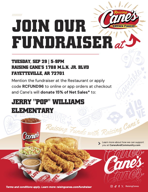 Flyer for a fundraiser at Cane's. It includes a chicken dish, side items, and a drink. The date and location are listed.