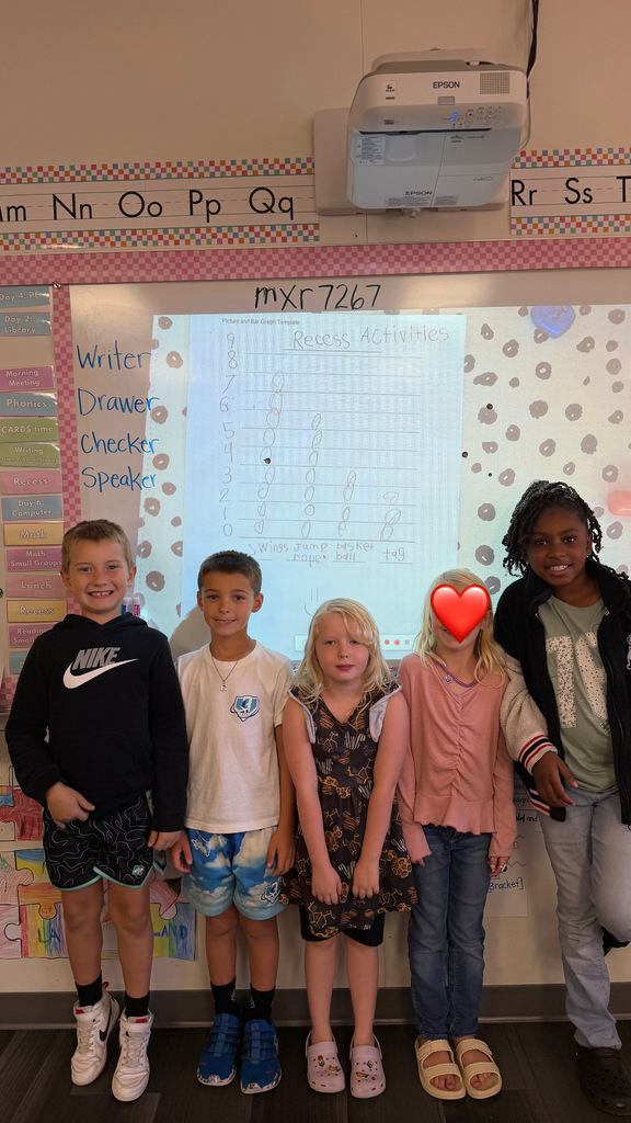 Five children standing before a classroom whiteboard with a projector overhead. Letters and numbers decorate the wall behind them.