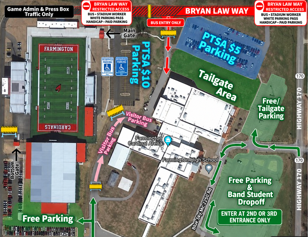 A map highlights parking options and directions for Bryan Law Way. It shows free parking, band student drop-off, and various parking areas.
