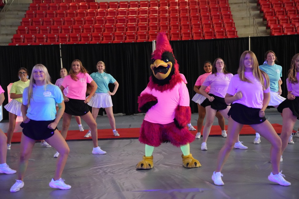 A group of women perform a dance routine on a stage with a mascot, in front of empty red seats.
