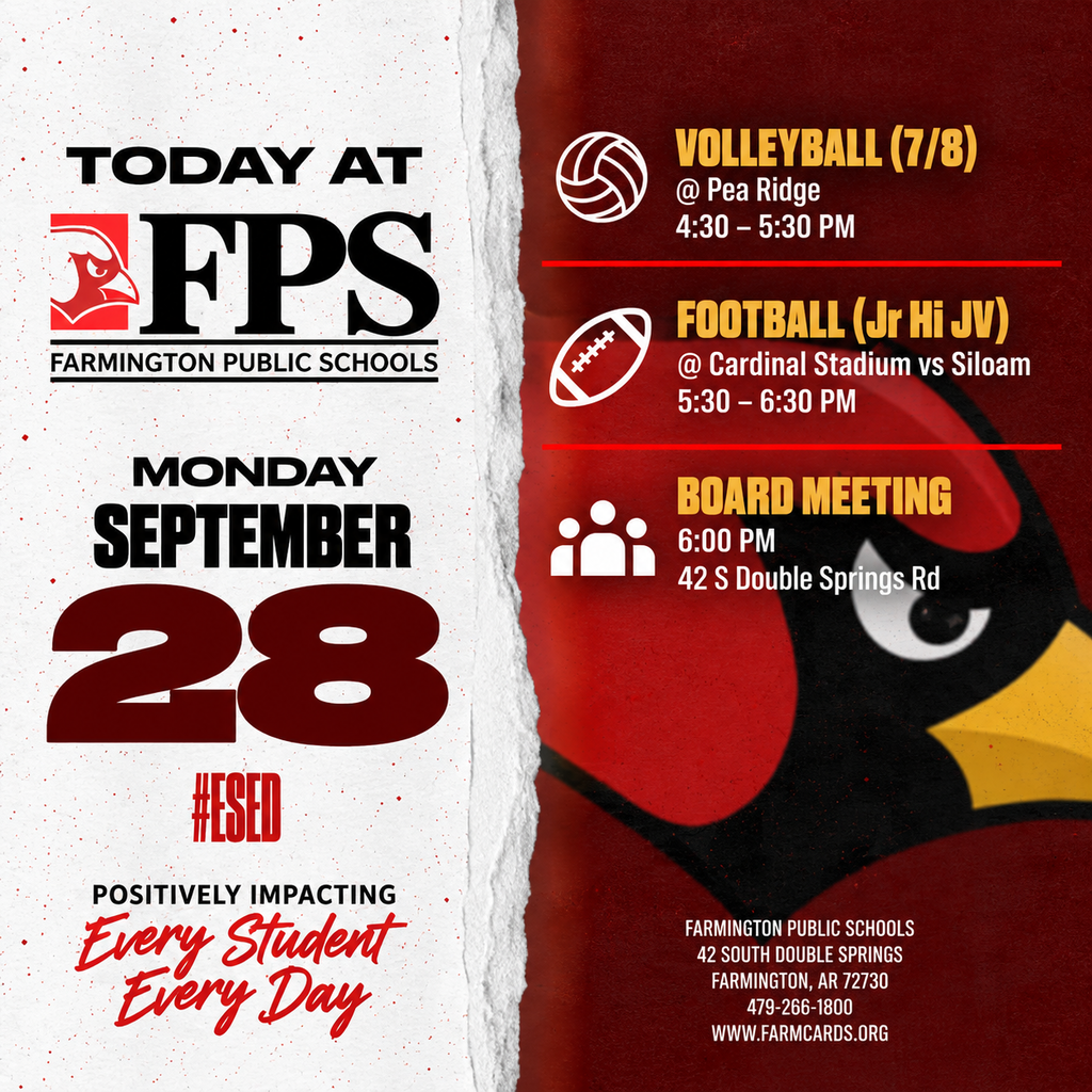 An event poster for Farmington Public Schools features a red and white design with a bird logo.