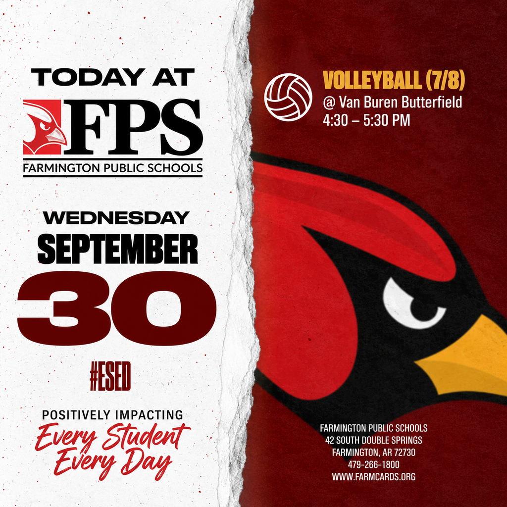 Red and black graphic of a cardinal bird. Text reads: "Today at FPS Wednesday September 30."