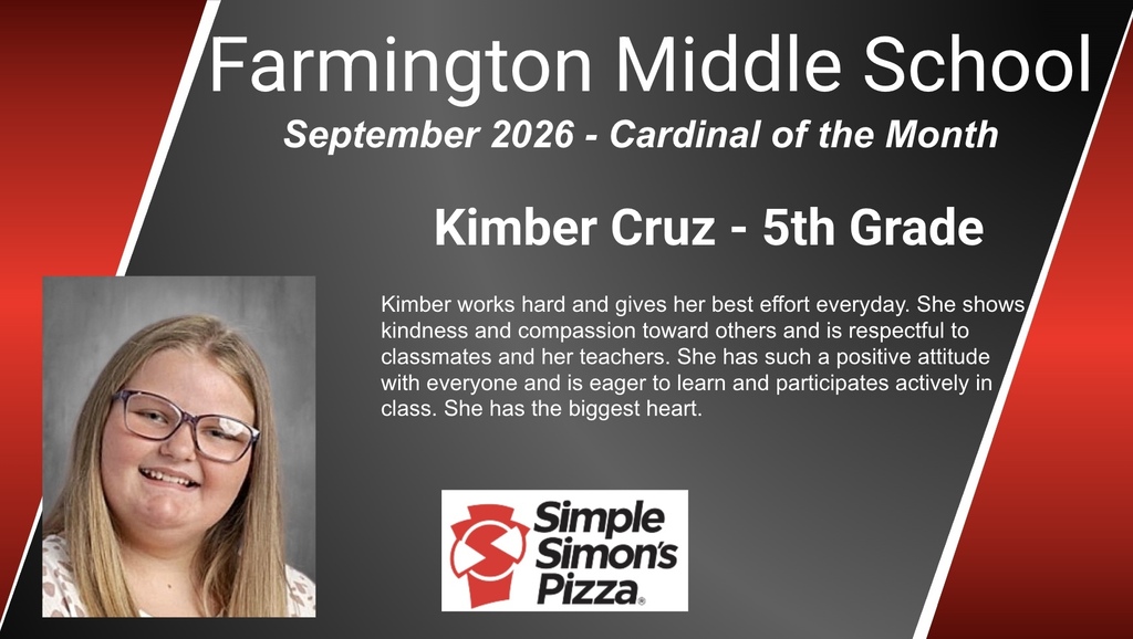 A digital display shows a student named Kimber Cruz from Farmington Middle School. She has blonde hair and glasses.