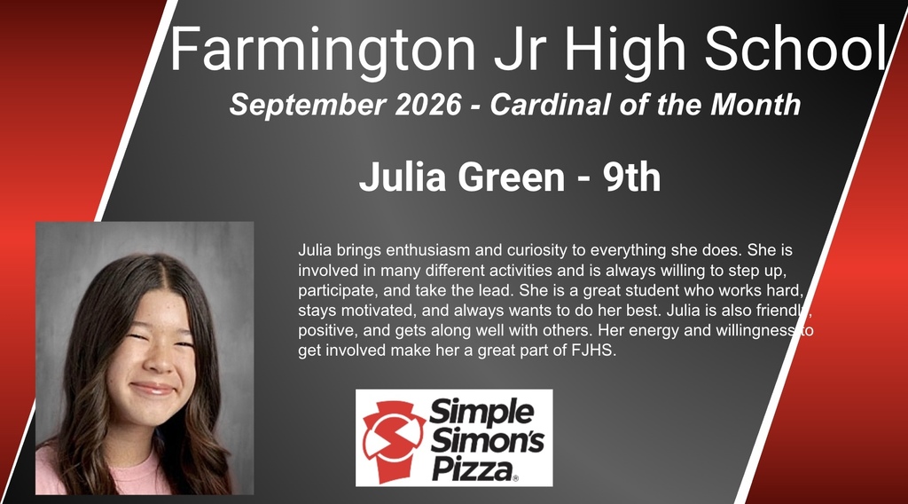 A poster shows a smiling girl with brown hair. The text reads "Cardinal of the Month Julia Green - 9th".