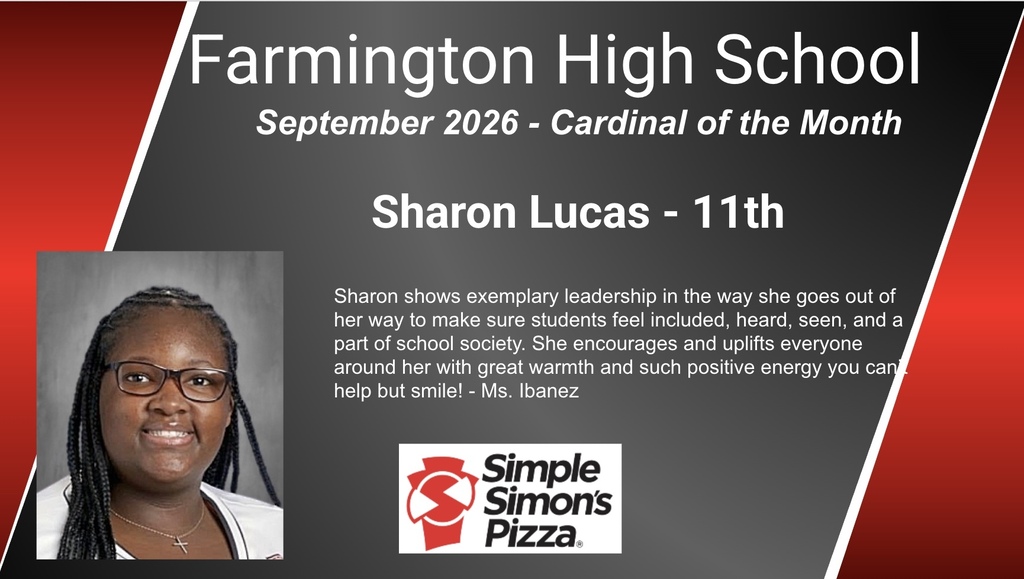 A poster for Farmington High School's September 2026 Cardinal of the Month, featuring Sharon Lucas.