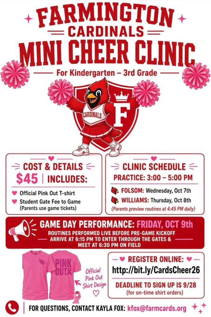 A flyer shows a cardinals logo, red and white background, and event details. It includes cost, clinic schedule, game day performance, and registration link.