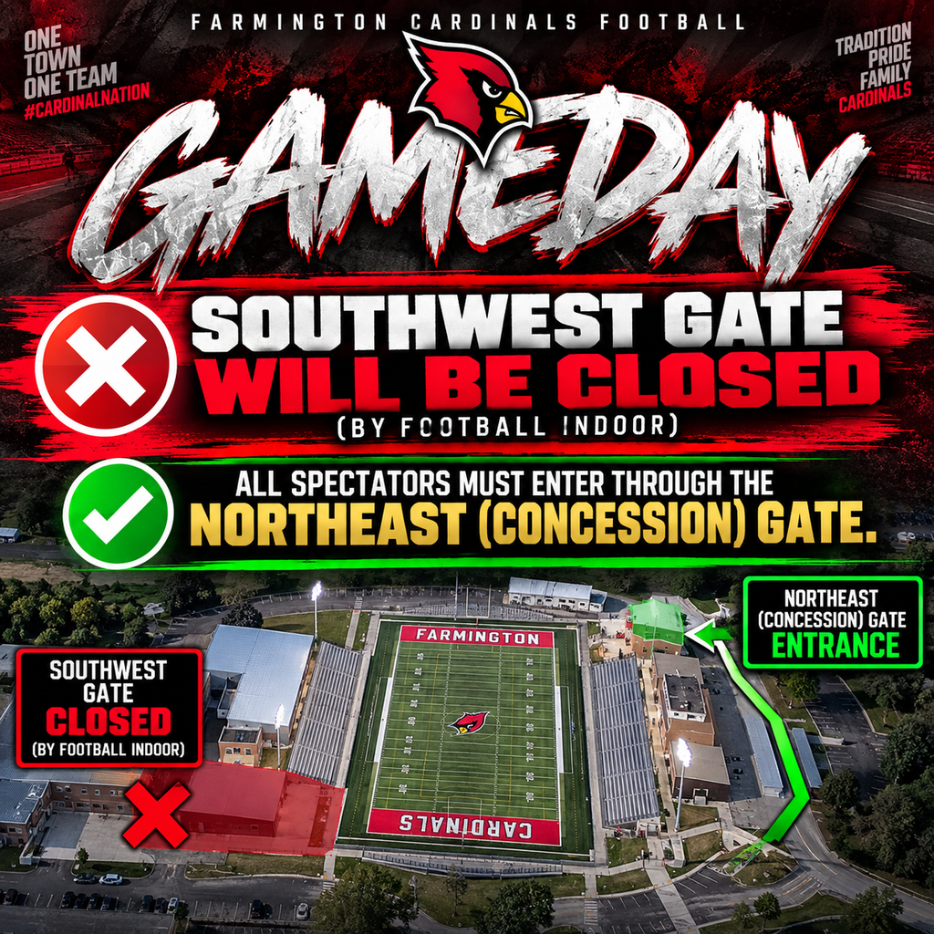 Advertisement for a football game with red cardinals logo. Southwest gate closed, enter through the northeast.