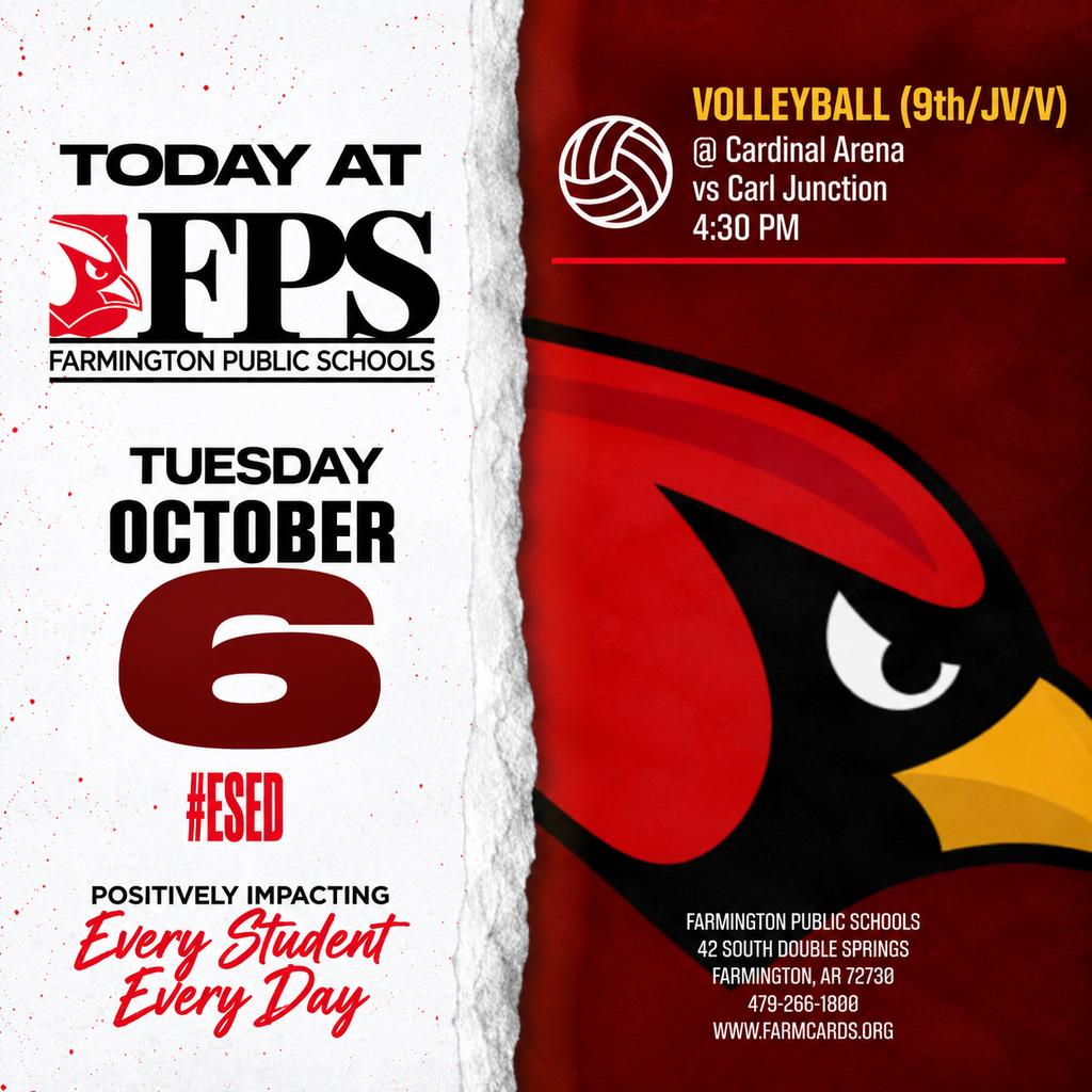 Flyer for Farmington Public Schools volleyball event. Team mascot on the right. Date: Tuesday, October 6.