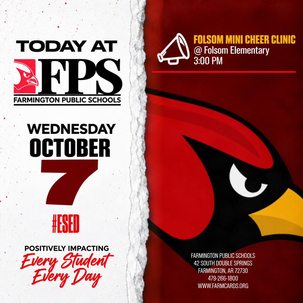 Flyer with a red and white design. It reads "Today at FPS Wednesday October 7" on the left and "Folsom Mini Cheer Clinic at Folsom Elementary 3:00 PM" on the right.
