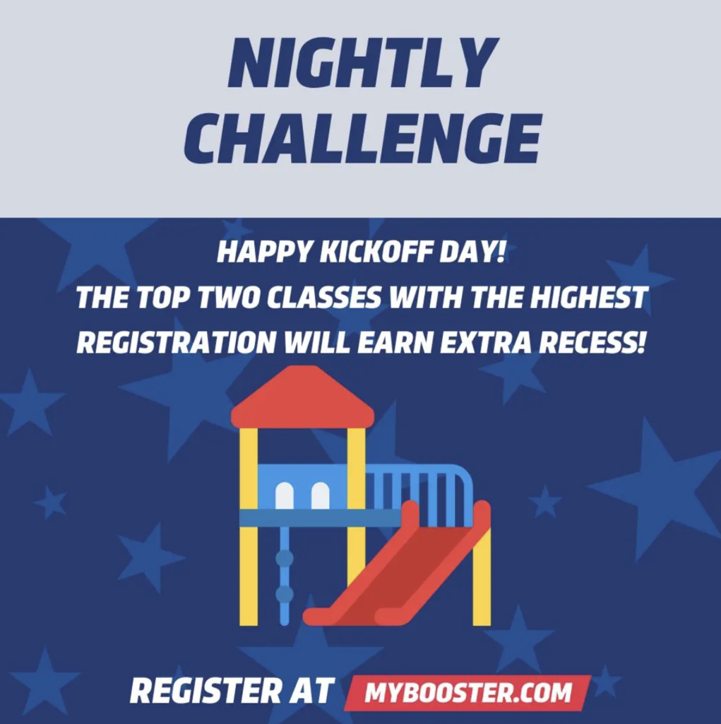 Poster for the Nightly Challenge with a playground and stars on a blue background. Text highlights the top classes.