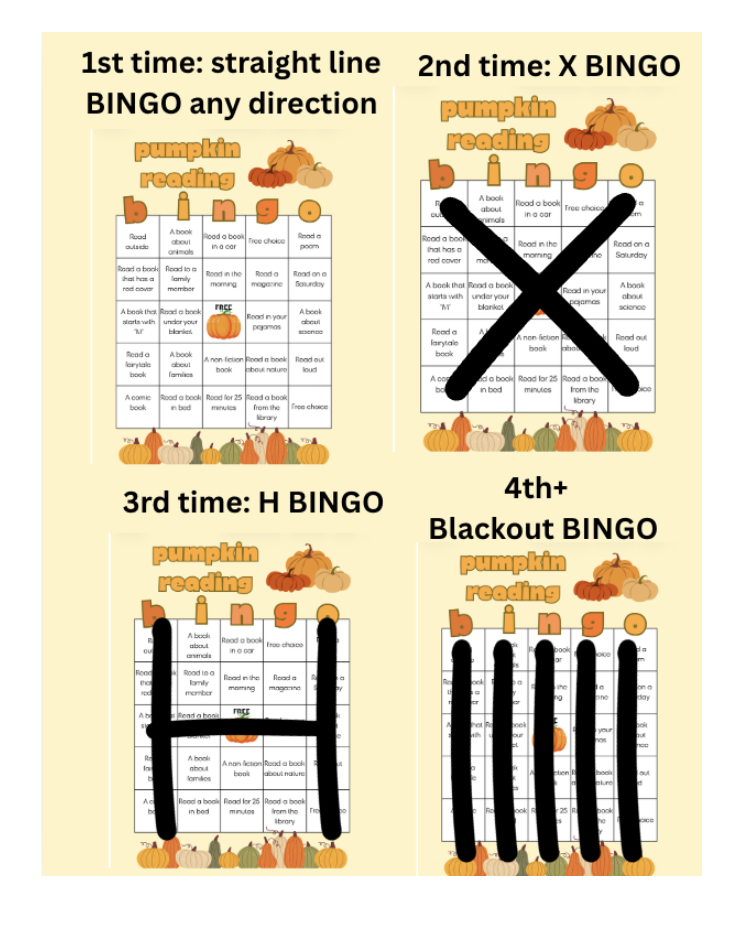 Four cards with text and graphics, including pumpkins and letters, showing a sequence for Bingo games.
