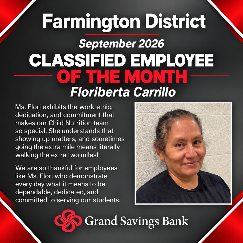 Farmington District recognizes Floriberta Carrillo as the Classified Employee of the Month for September 2026.