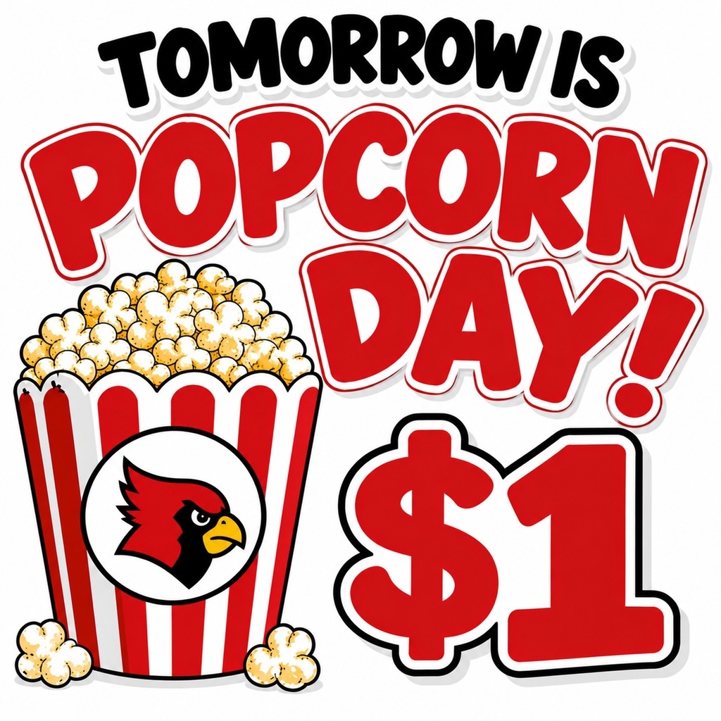 A cartoon image of popcorn and a bird logo with the text "Tomorrow is Popcorn Day! $1".