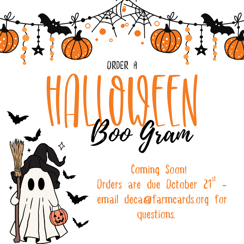 Halloween Boo Gram flyer with pumpkins, bats, and a ghost. Text reads "Order a Halloween Boo Gram."