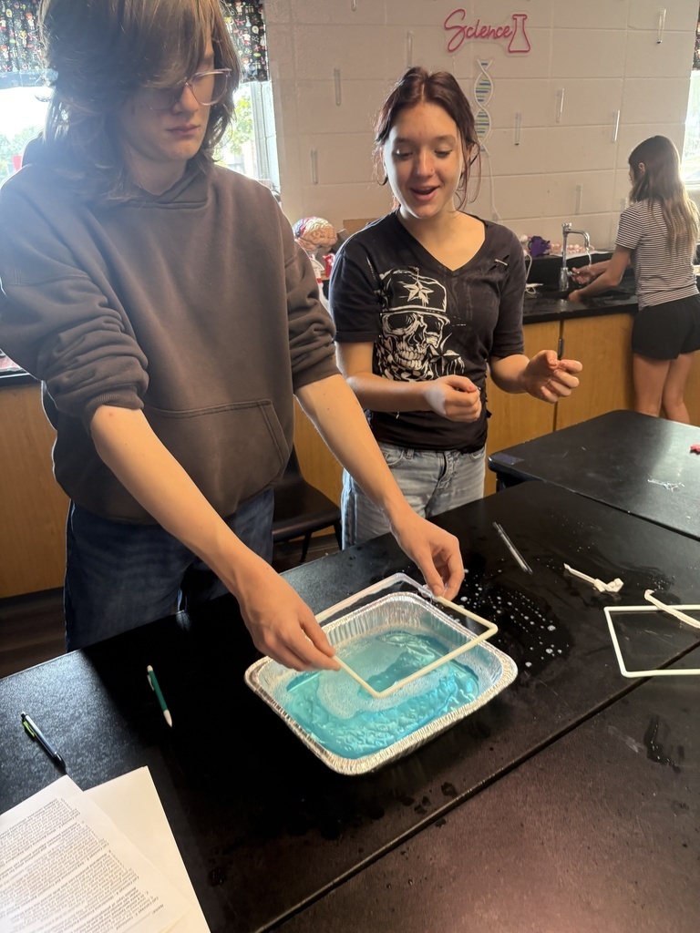 Two students in a classroom. They have a tray with blue liquid and a mold. A black table holds papers and utensils.