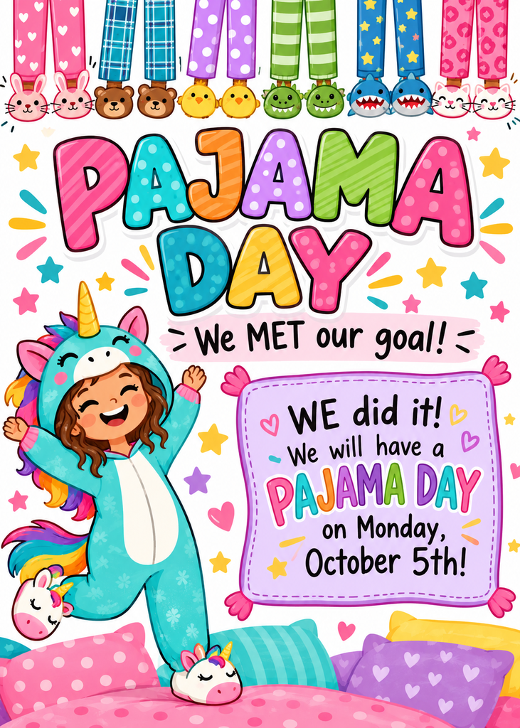 Invitation card for a pajama party, featuring a girl in a unicorn costume with a background of various pajamas.