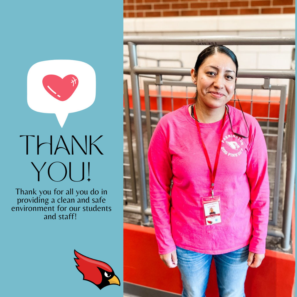 A woman in a pink shirt and ID stands in front of bleachers, smiling. A speech bubble reads "Thank you!" with a red heart.