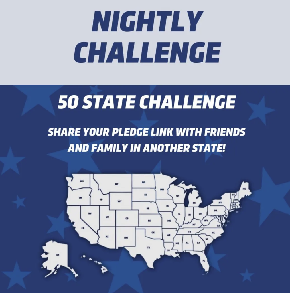 Blue background with white stars. Text reads "Nightly Challenge 50 State Challenge" and "Share your pledge link with friends and family in another state". A map of the USA is displayed.
