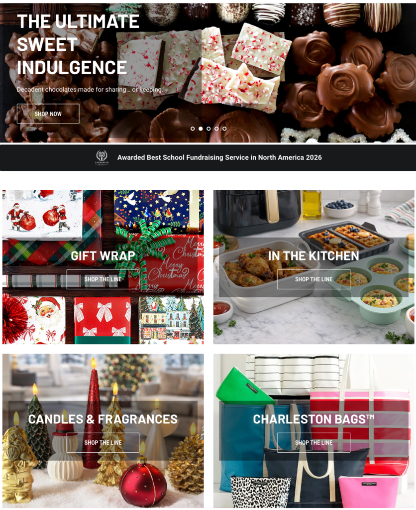 A website page with "The ultimate sweet indulgence" at the top. Below it are four sections, each with a heading: Gift Wrap, In the Kitchen, Candles & Fragrances, Charleston Bags.