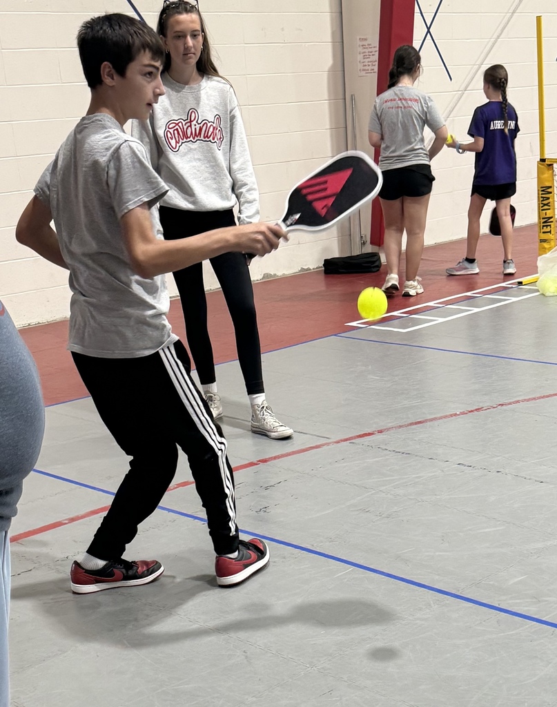 A boy playing paddle tennis, holding a paddle, with others watching in a gymnasium.