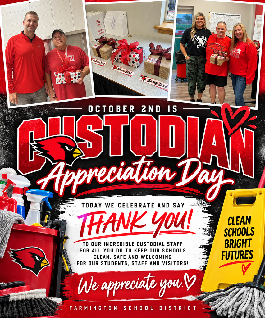 Collage of custodians in red shirts, one standing at a table with gifts, others by a school sign. Text reads "Custodian Appreciation Day" and "Thank you!"