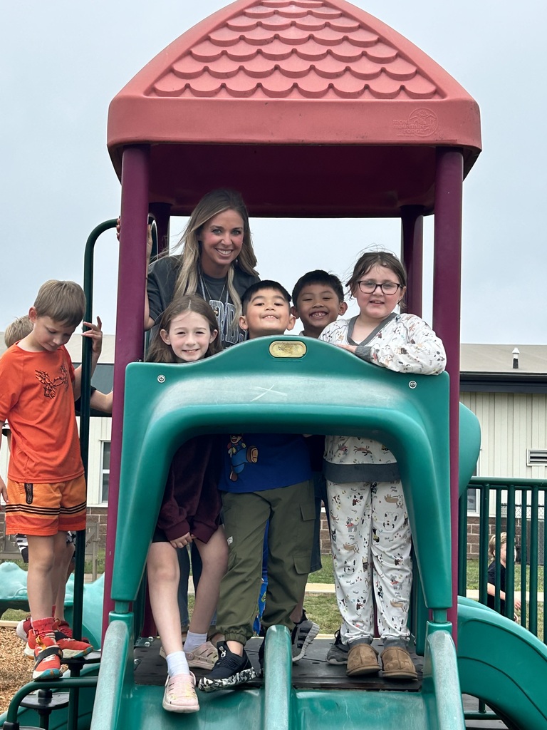 A woman and five children are standing on a playground. The children stand on the slide and the woman stands on the ladder.