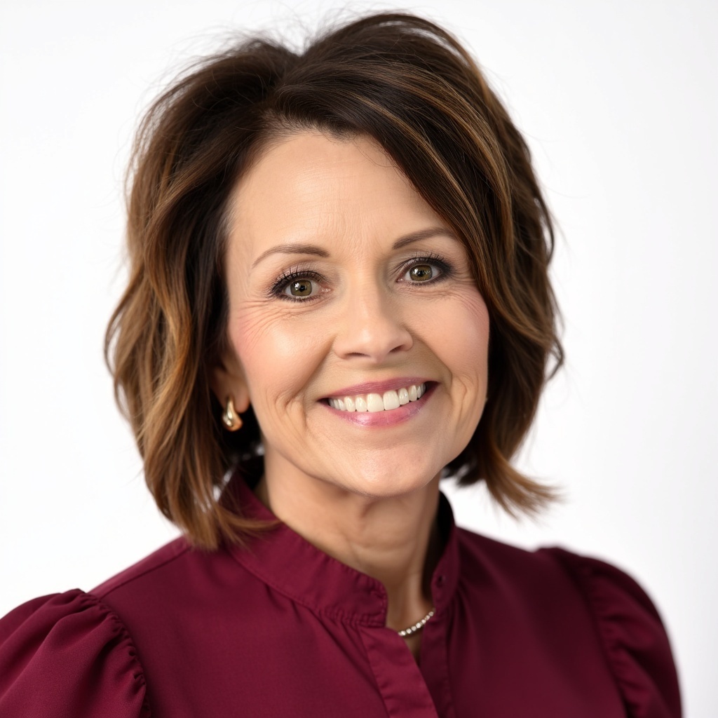 Woman with short brown hair and maroon blouse smiles and shows teeth against white background.