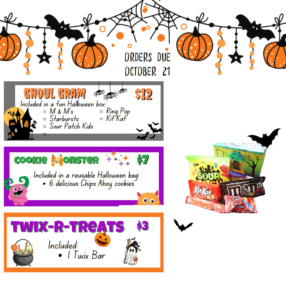 Halloween-themed labels for candy bags, including "Eghoul Gram" and "Cookie Monster", with pumpkins and bats in the background.