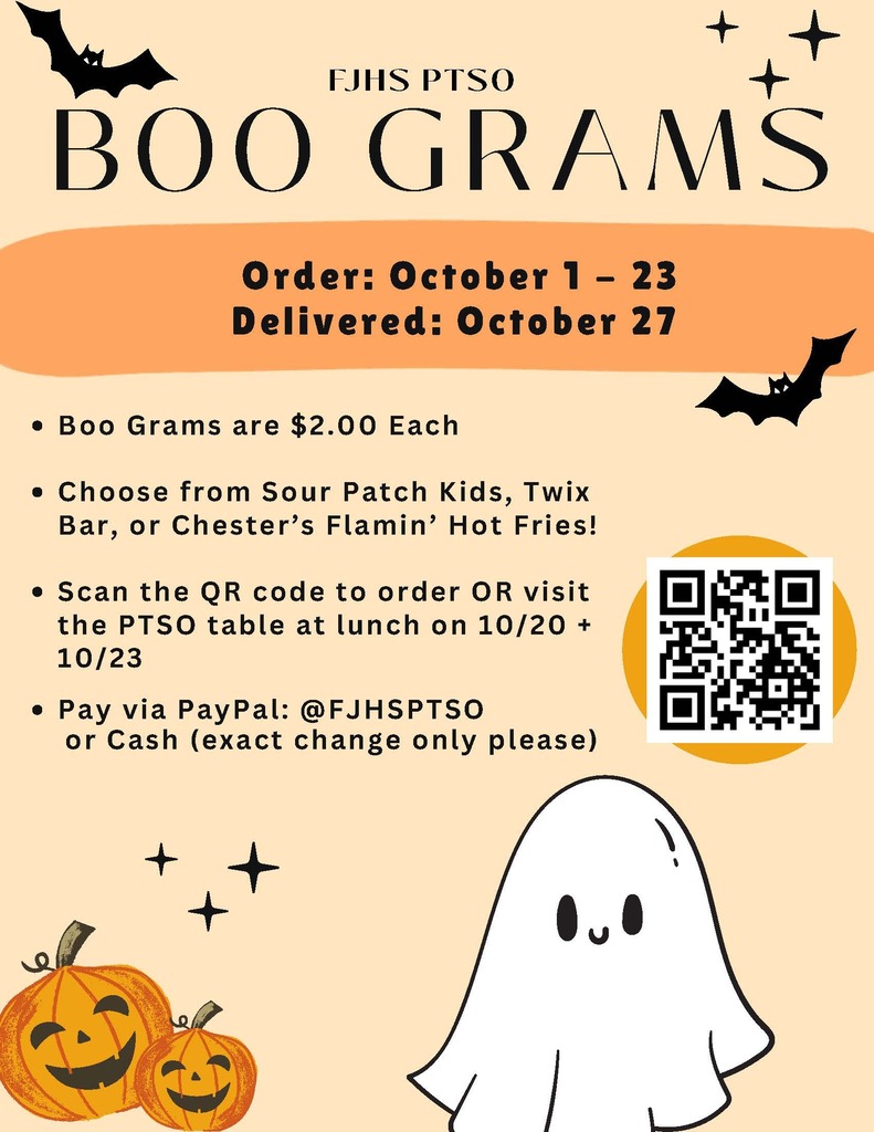 Halloween event poster with Boo Grams. Order period from October 1 to 23, delivery on October 27. QR code for ordering.