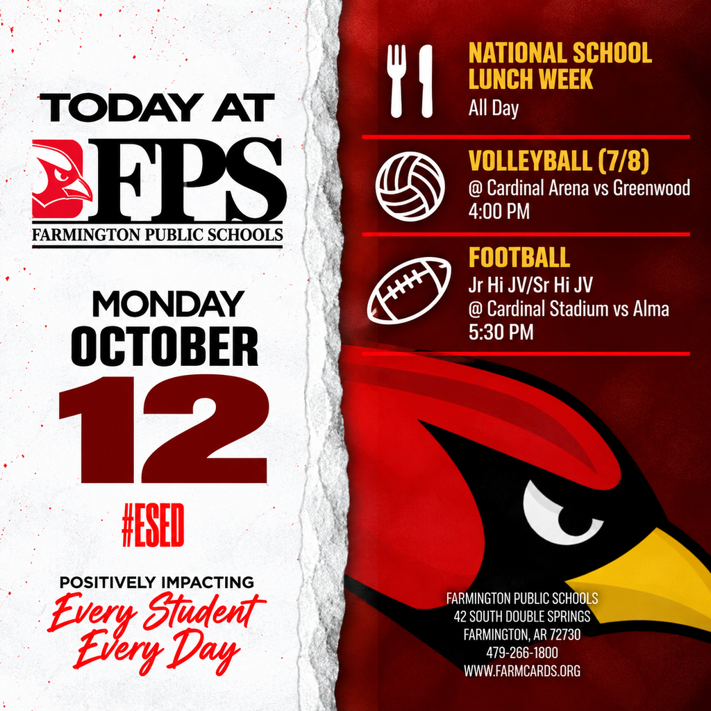 Event flyer for Farmington Public Schools with sports schedule for October 12th. The sports include volleyball and football.