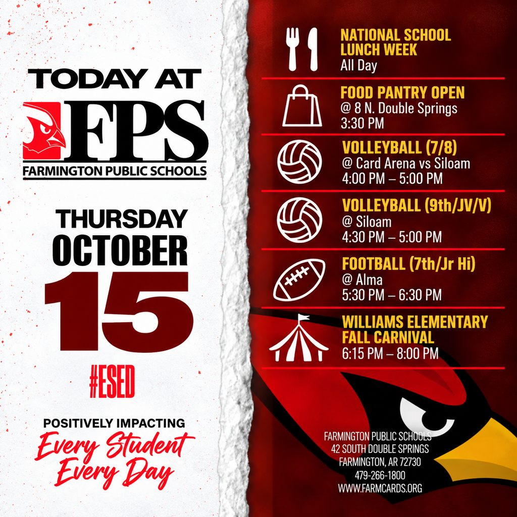 Red and white flyer lists upcoming events at Farmington Public Schools, including football and volleyball games and a carnival.
