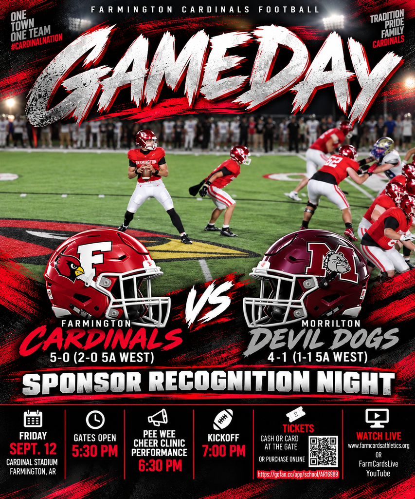 A sports poster featuring two football teams on a field. It says "Gameday" at the top. The teams are the Farmington Cardinals and the Morrilton Devil Dogs.