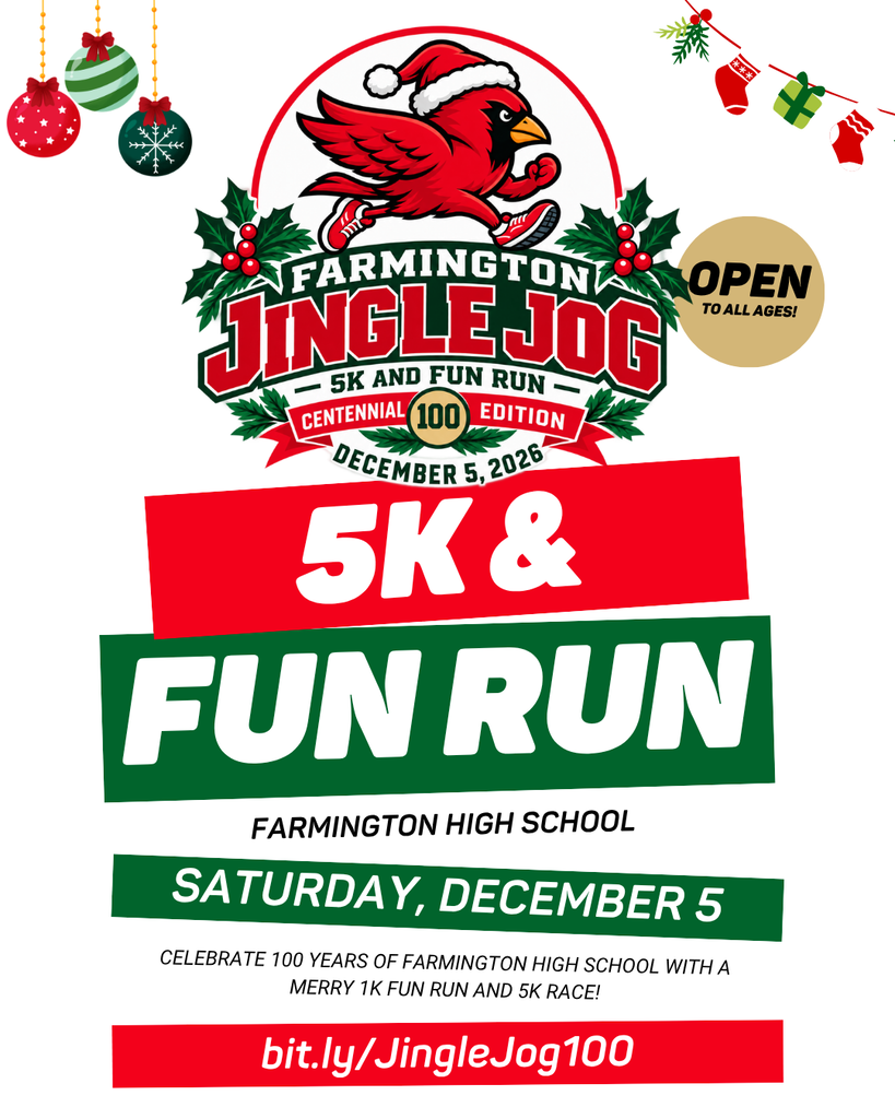 An event poster features a cardinal and holly leaves. It reads "Jingle Jog" and "5k & Fun Run".