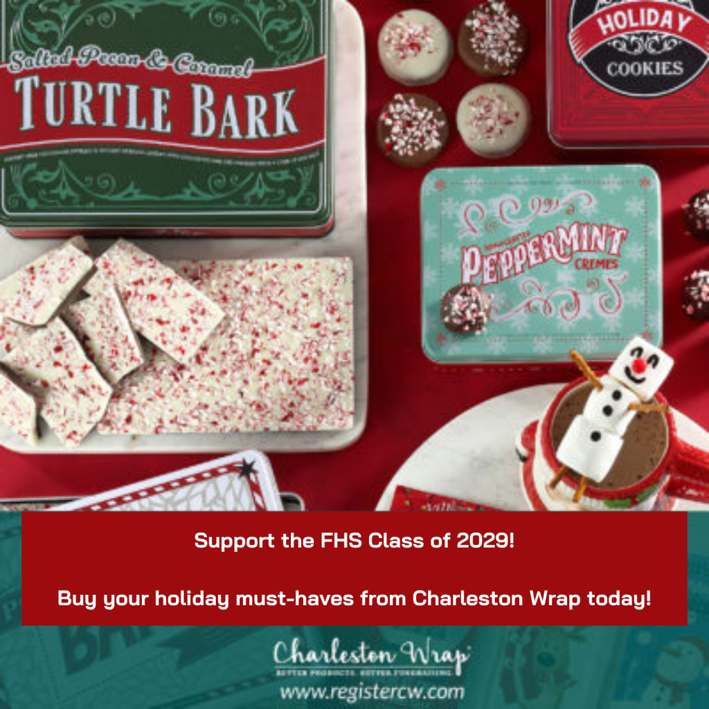 Holiday treats on a red table include Turtle Bark, Peppermint Bark, cookies, and a snowman cookie. An advertisement at bottom supports the FHS Class of 2029.