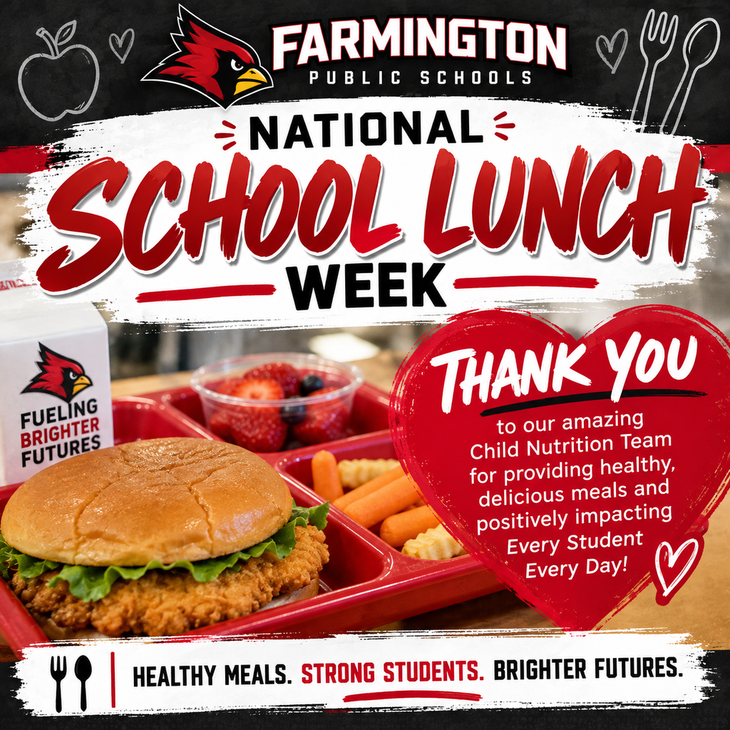 A poster promotes National School Lunch Week with a meal of a chicken sandwich, carrots, and strawberries in a red tray.
