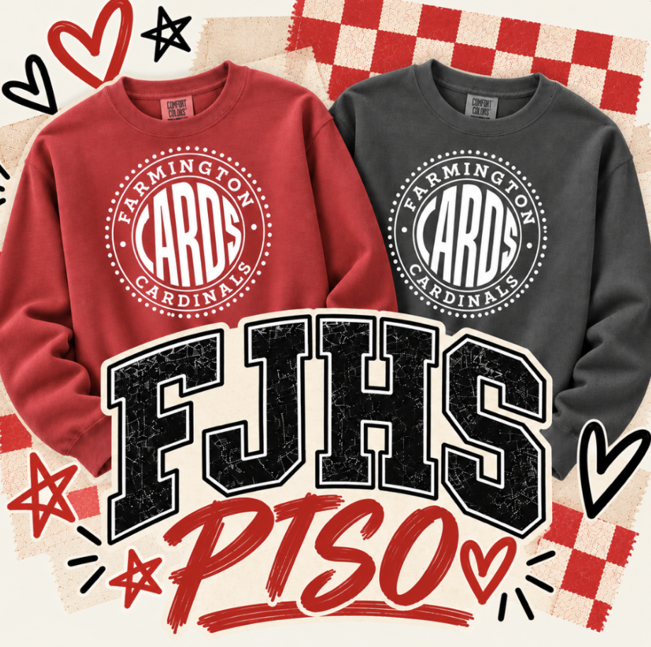 Two sweaters with red and black colors. One has a logo for "FARMINGTON CARDINALS" and the other reads "FJHS PTO"