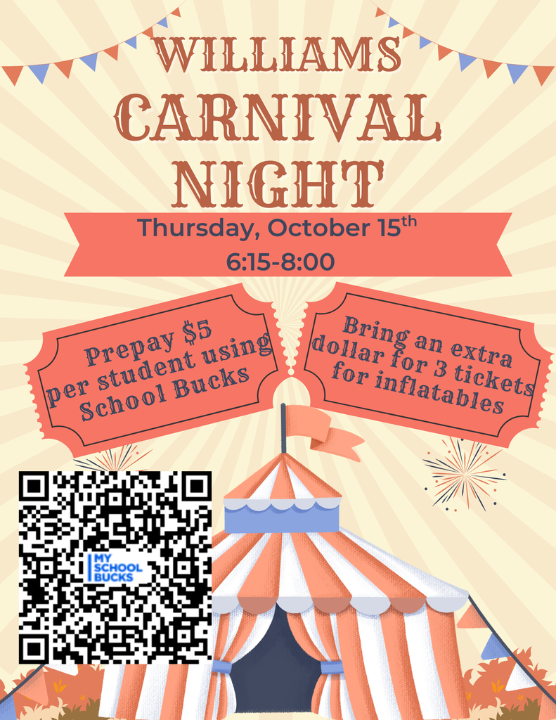 Carnival night event on October 15th from 6:15 to 8:00. Prepay $5 per student. QR code for tickets and extra dollar for three tickets for inflatables.