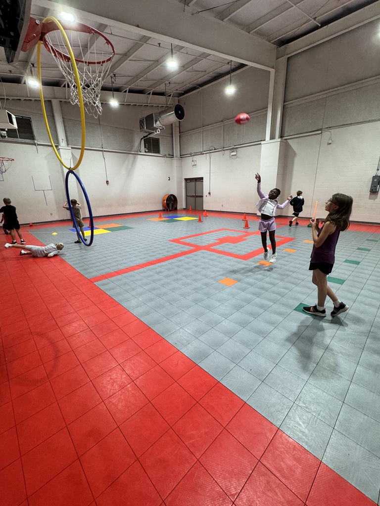 A group of people are engaging in an indoor sports activity. They are playing on a red and gray floor with a basketball court.