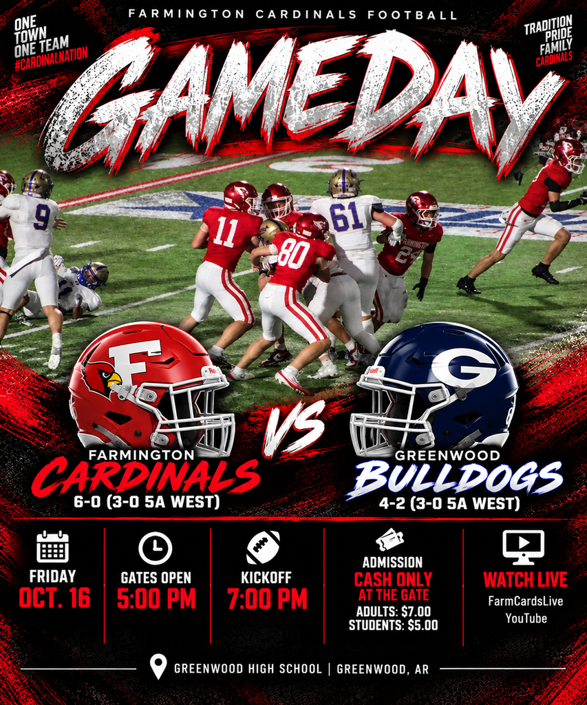 Gameday poster showing football players in red and blue uniforms. Event details include date, time, and location.