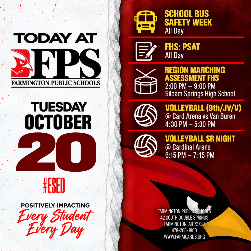 Event flyer for Farmington Public Schools featuring the date Tuesday, October 20 and activities including school bus safety week and volleyball matches.