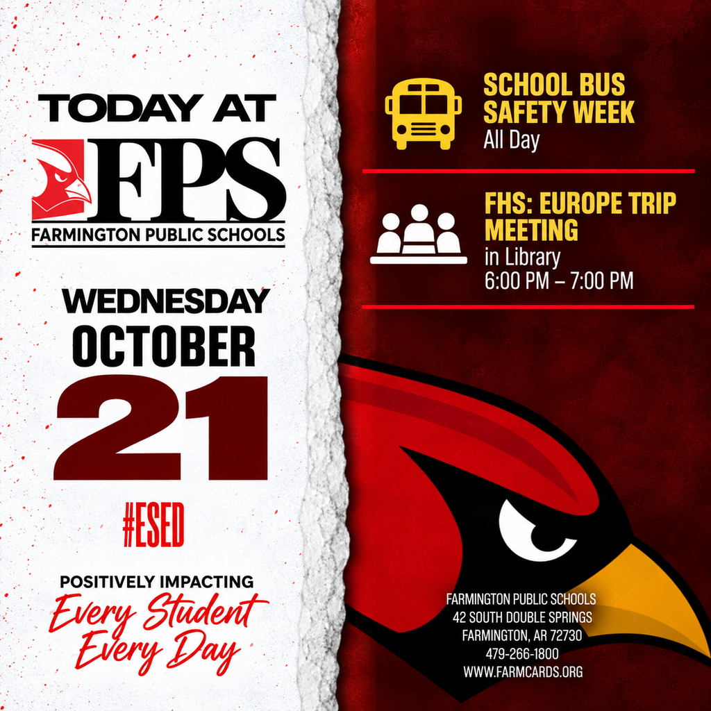 A torn white and red poster highlights "Today at FPS" for Wednesday, October 21. It includes a bird's eye with red and black colors and a yellow beak.