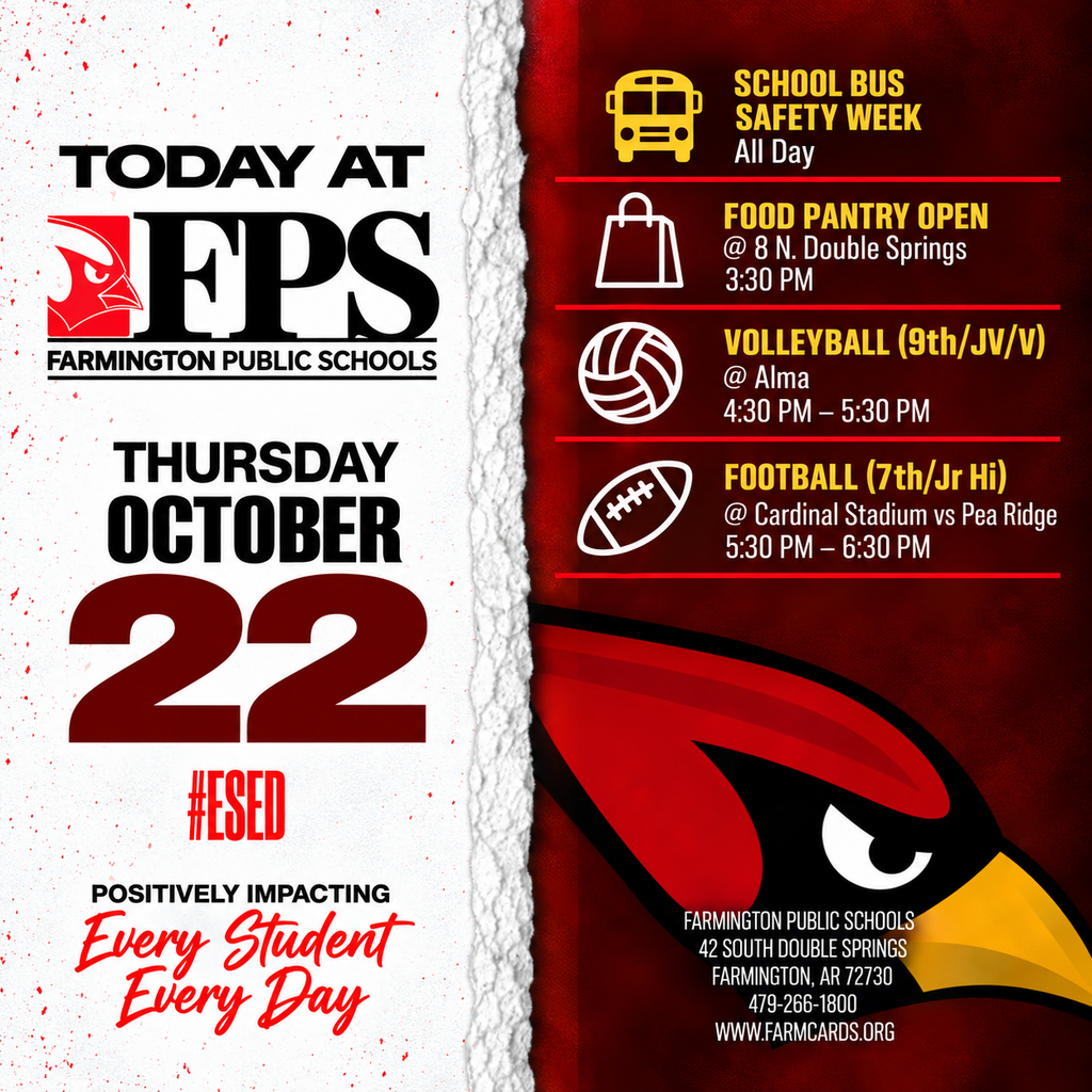 Red and white school flyer with details for events and safety week. School bus safety week is all day.