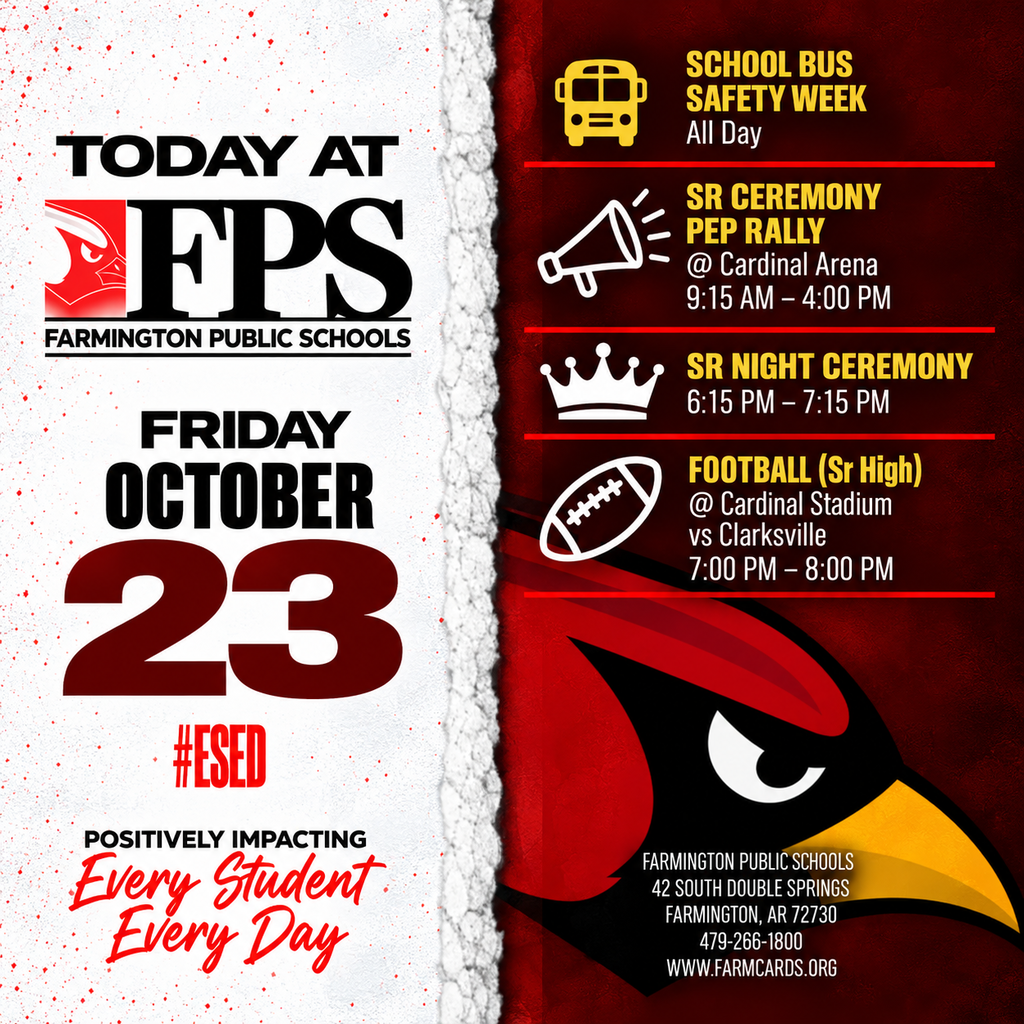 A red poster announces events for October 23, featuring a cardinal, and highlights football and school bus safety.