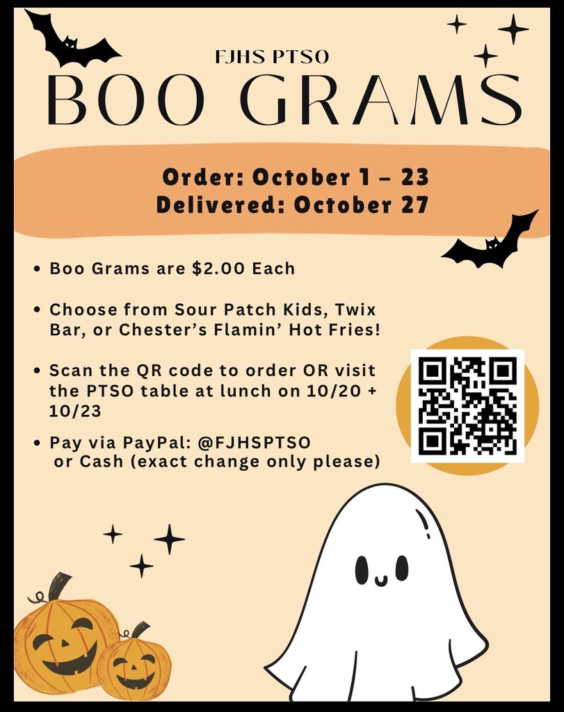 Halloween-themed flyer with text, QR code, and icons. Two pumpkins, a ghost, and bats are on the flyer.