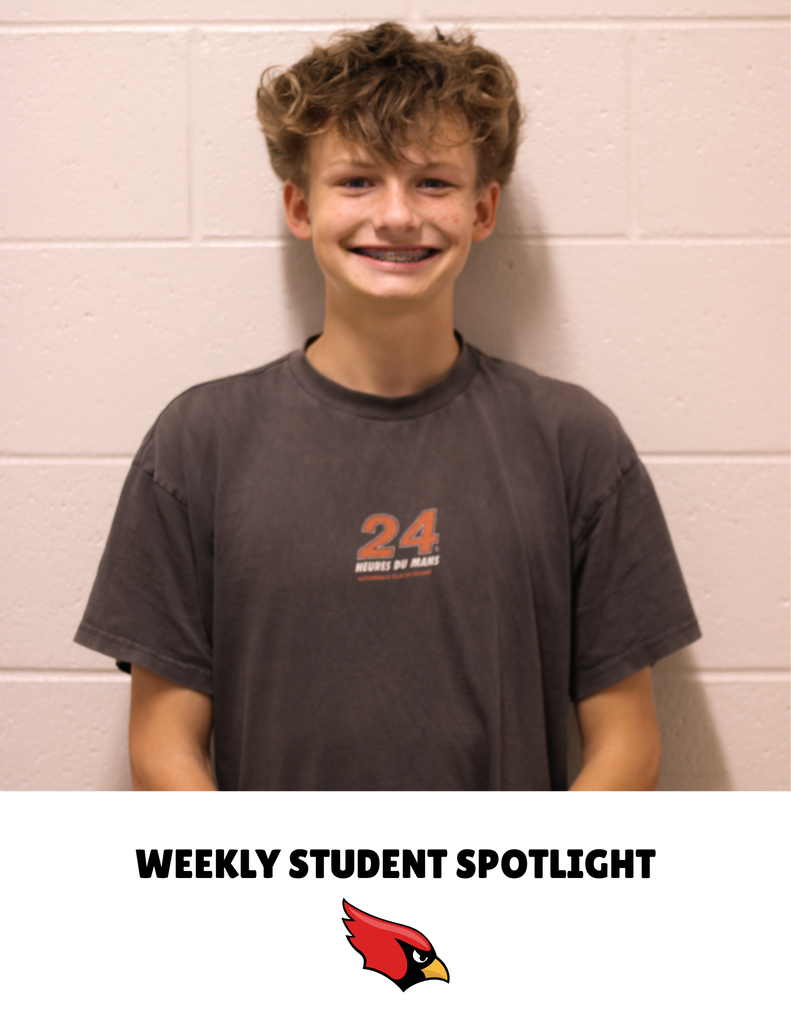 Teen standing against white wall, smiling for camera. Grey T-shirt has red number 24. Below photo: text reads "Weekly Student Spotlight" above red logo.