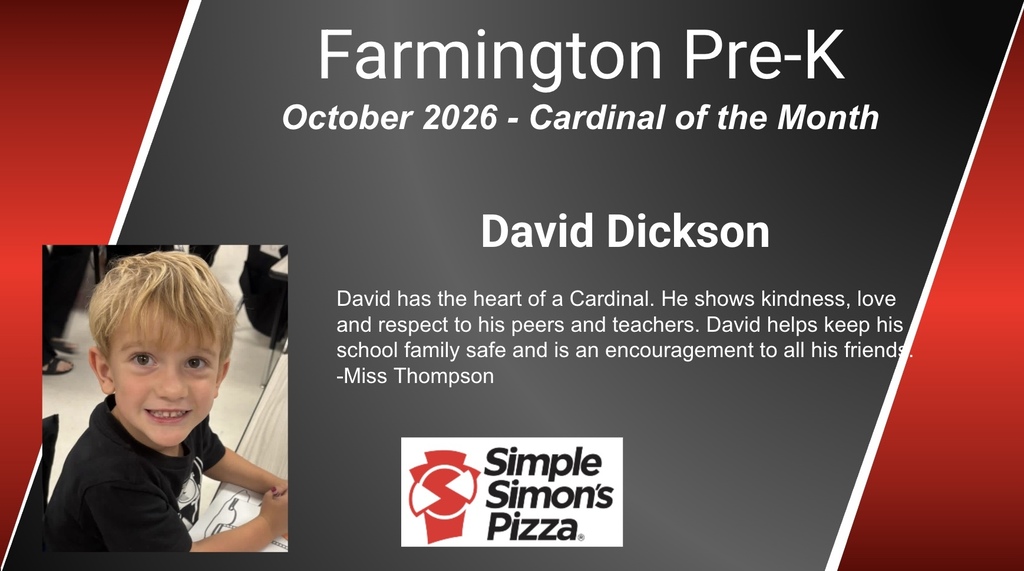 "Farmington Pre-K October 2026 - Cardinal of the Month: David Dickson. Photo of a young boy smiling."