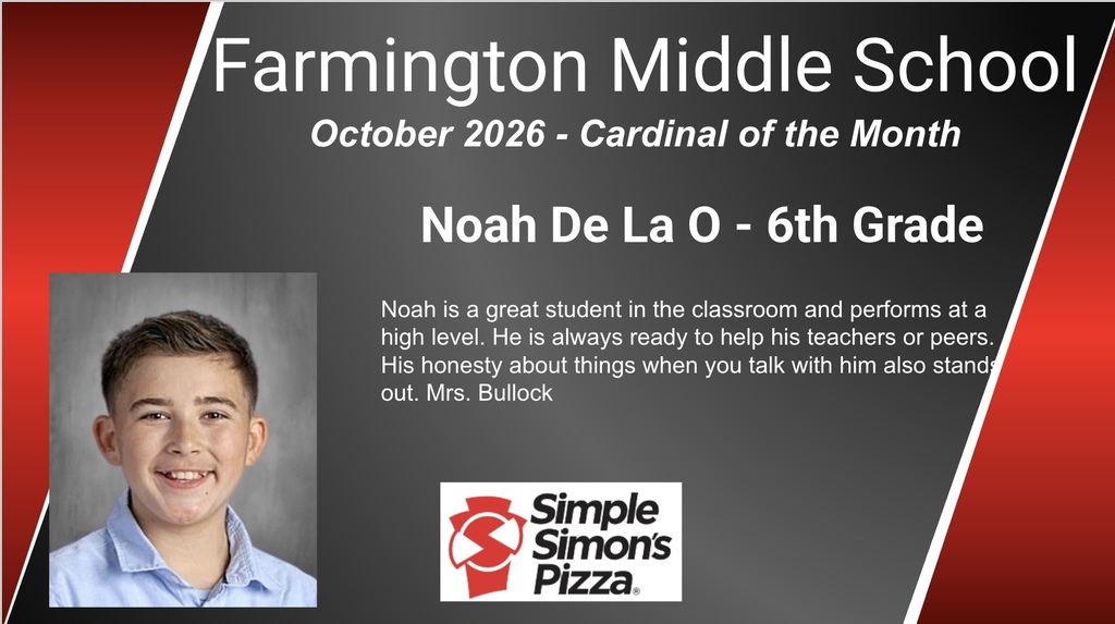 Poster with red and black background and photo of smiling boy, Noah, wearing blue shirt. Text reads "Cardinal of the Month" and "Noah De La O - 6th Grade".