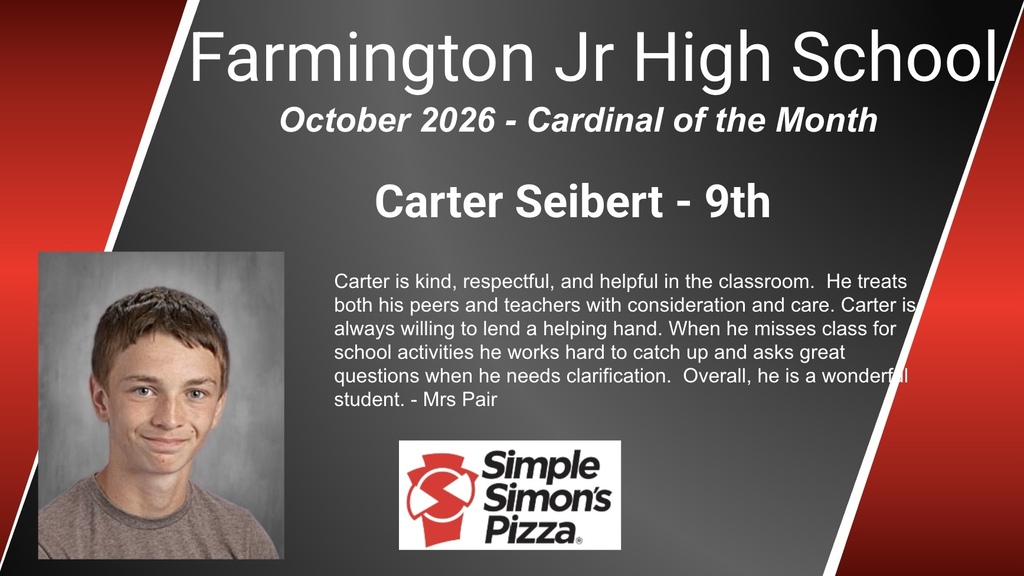 Advertisement poster for "Cardinal of the Month" featuring a smiling boy's photo, name, and grade.
