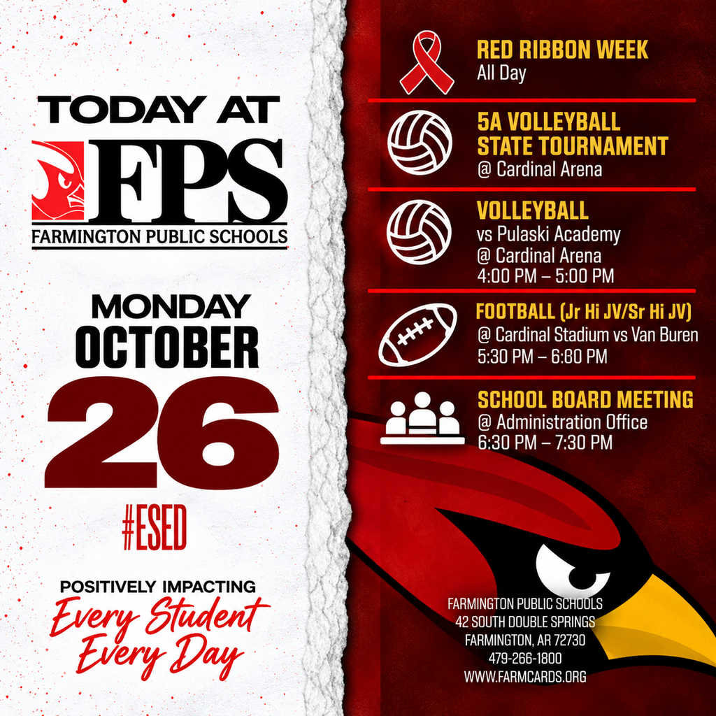 Red and white flyer with sports schedule, red ribbon, and a school logo. Date, "Monday October 26."