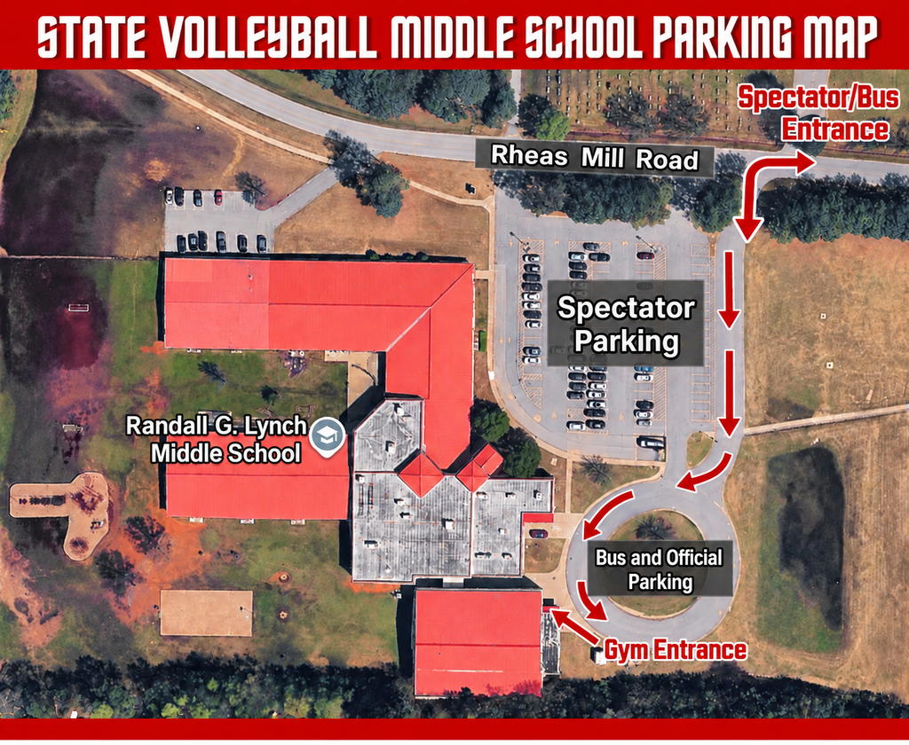 Map shows a school's layout with red arrows indicating spectator, bus, and official parking, and gym entrance.